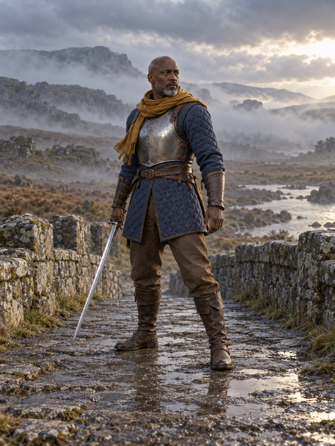 Illustrated armored adventurer on a stone bridge