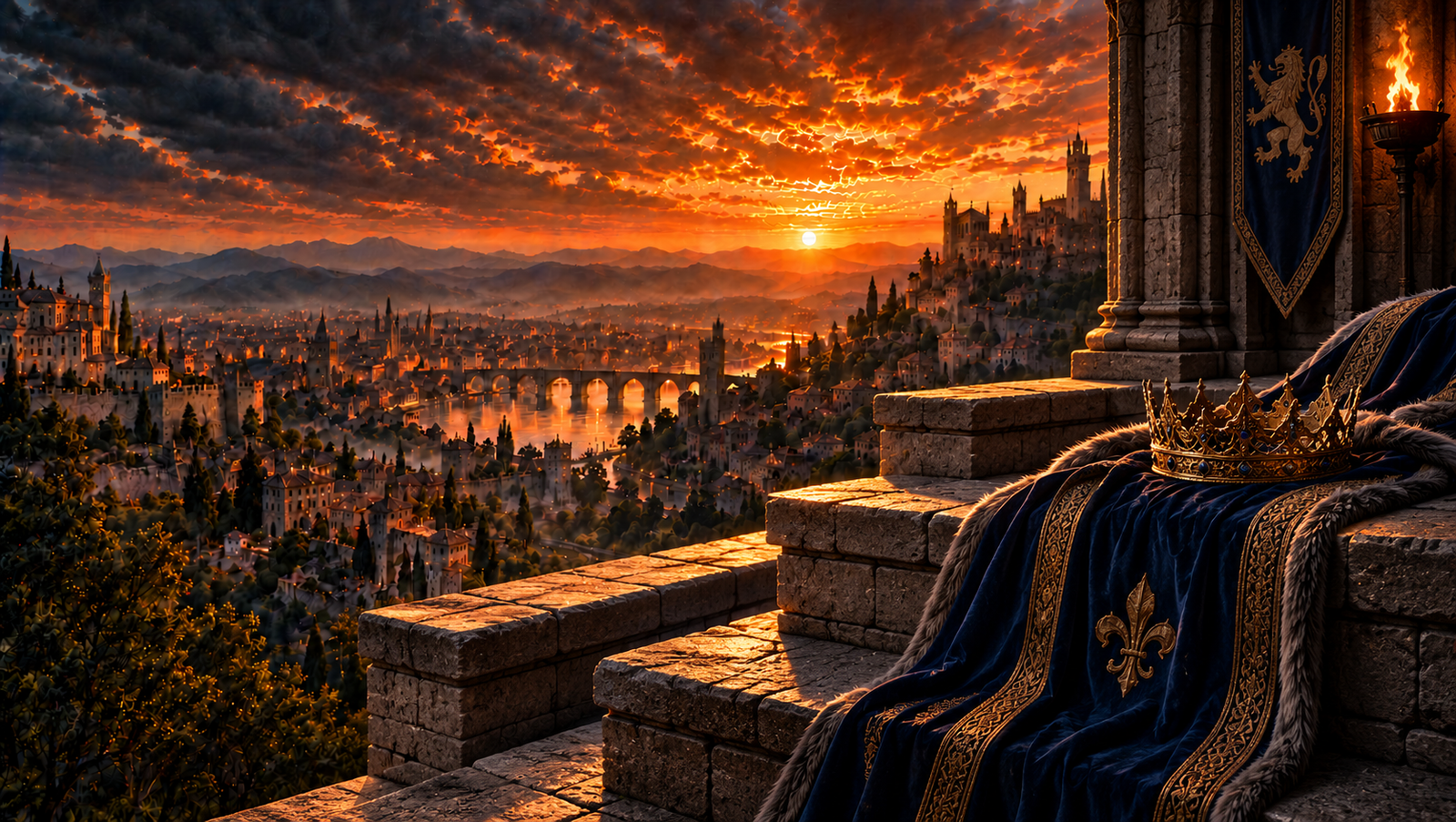 Fantasy city and castle overlooking a sunset